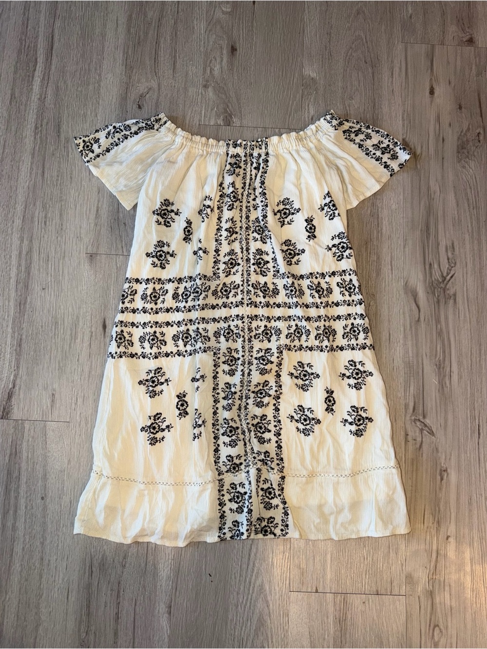 Socialite Cream Off-Shoulder Dress with Black Floral Embroidery